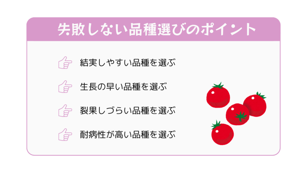 失敗しない品種選びのポイント
結実しやすい品種を選ぶ
生長の早い品種を選ぶ
裂果しづらい品種を選ぶ
耐病性が高い品種を選ぶ